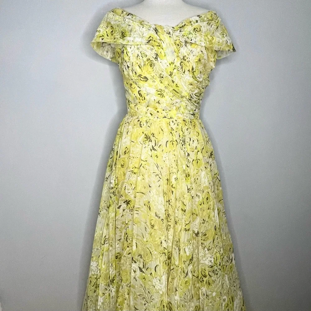 EMMA DOMB Vintage 1950’s Floral Print Off Shoulder Chiffon Gown Maxi Dress - Picture 2 of 11